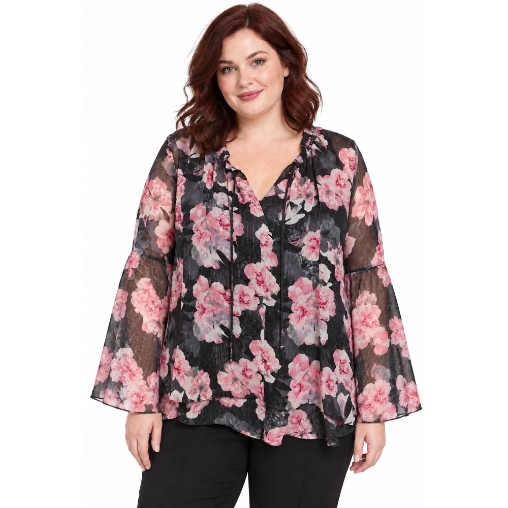 Dark Floral Blouse 2X Black Pink Metallic Stripe Bell Sleeve Romantic Coquette